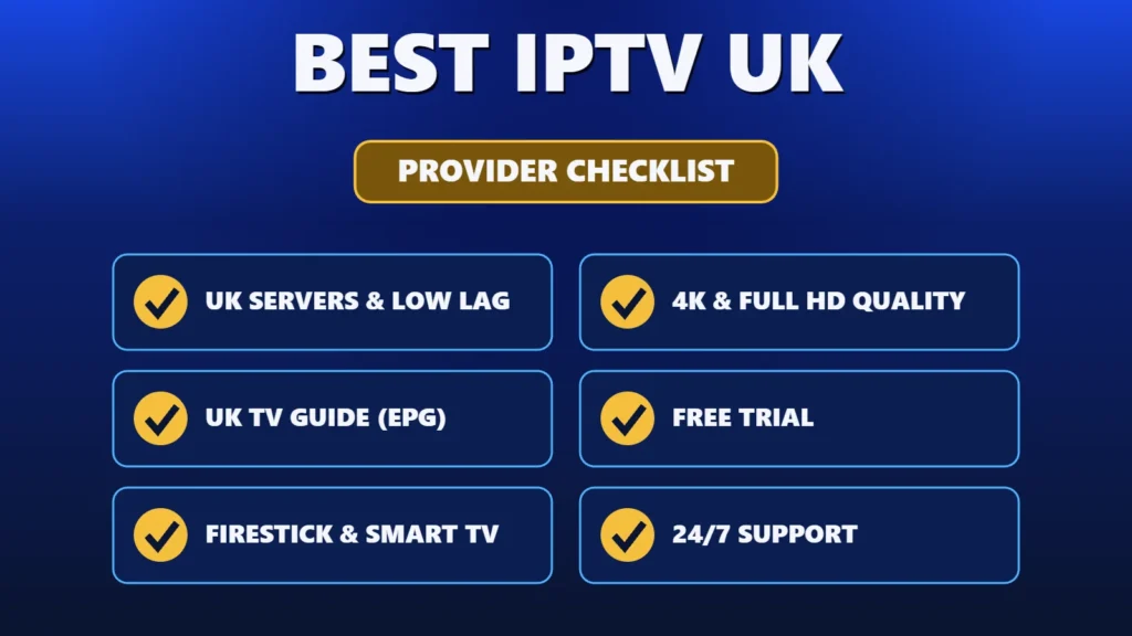 Best IPTV UK provider checklist: UK servers, 4K quality, UK TV guide, free trial, Firestick and Smart TV support, 24/7 support