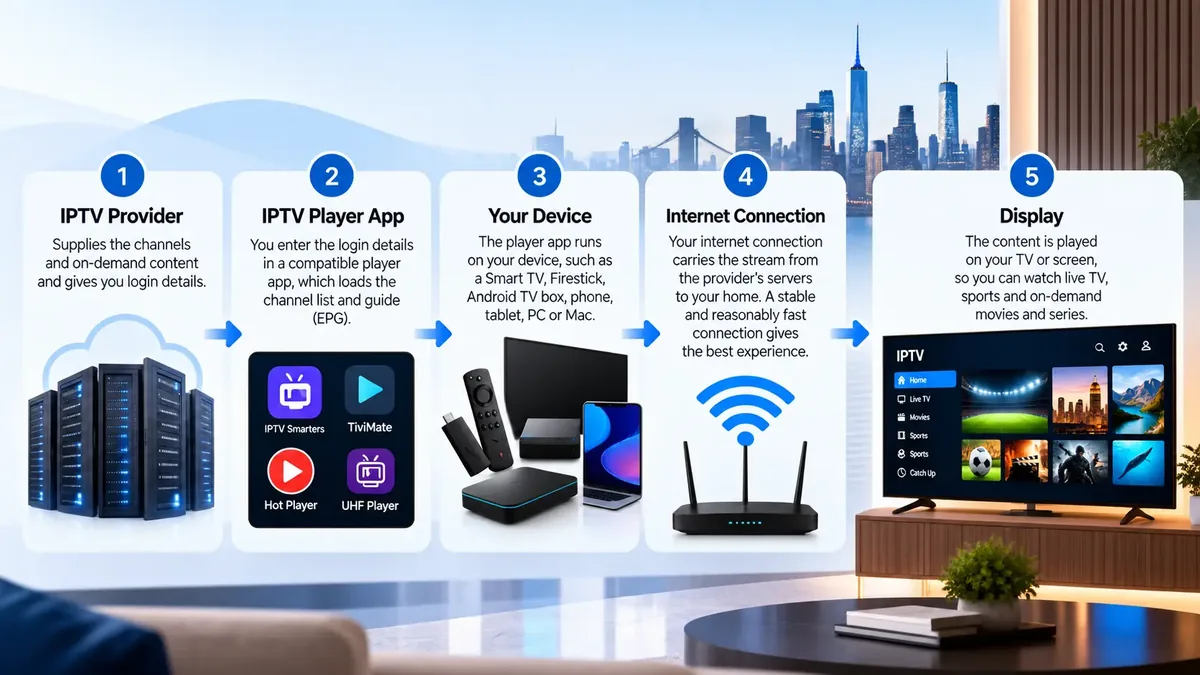 How IPTV works through provider player device internet connection and display