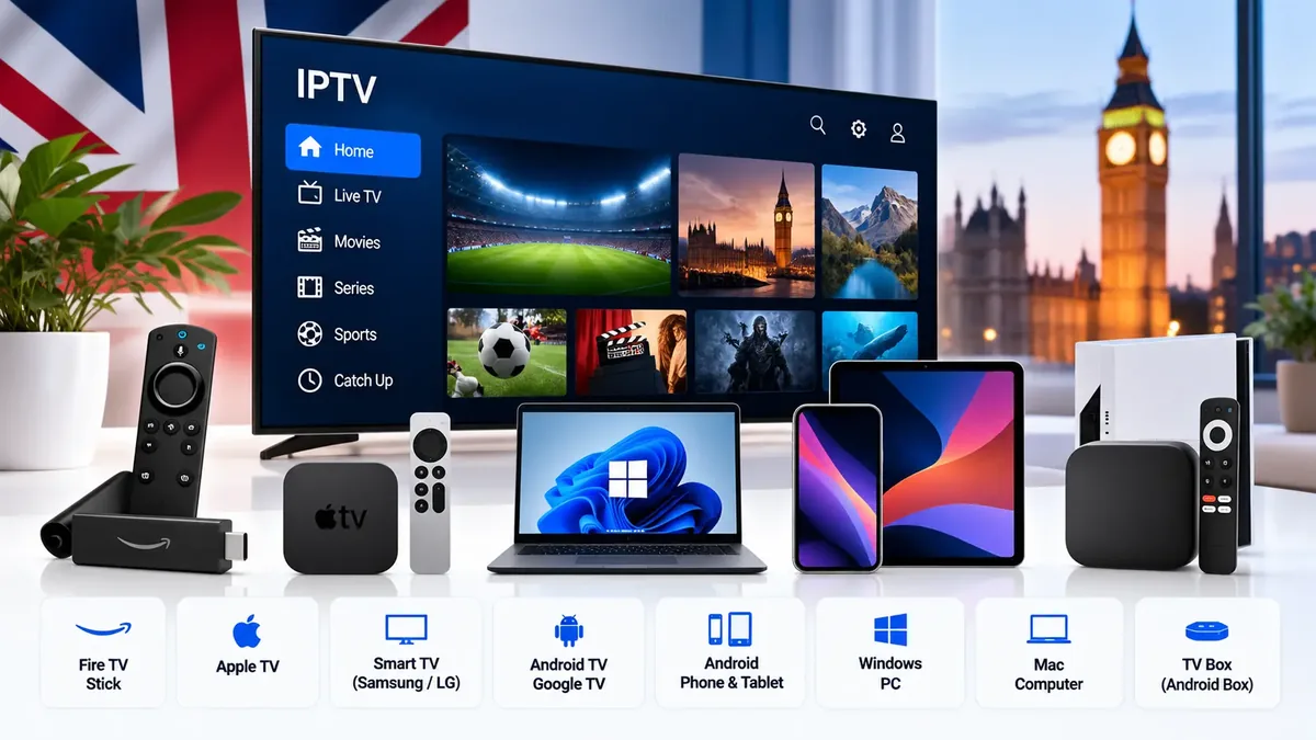 IPTV UK compatible devices including Smart TV streaming stick phone and laptop