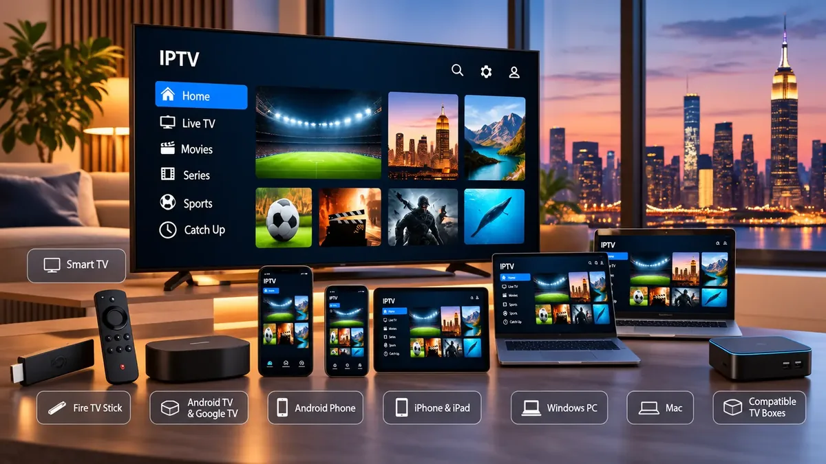 IPTV USA compatible devices including Smart TV streaming stick phone tablet and computer