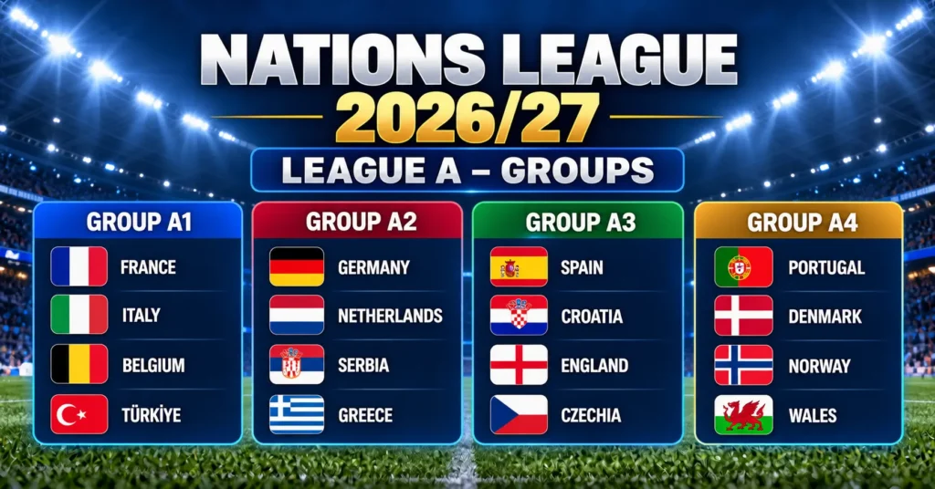 UEFA Nations League 2026/27 League A groups A1 to A4 with France, Germany, Spain, England and Portugal